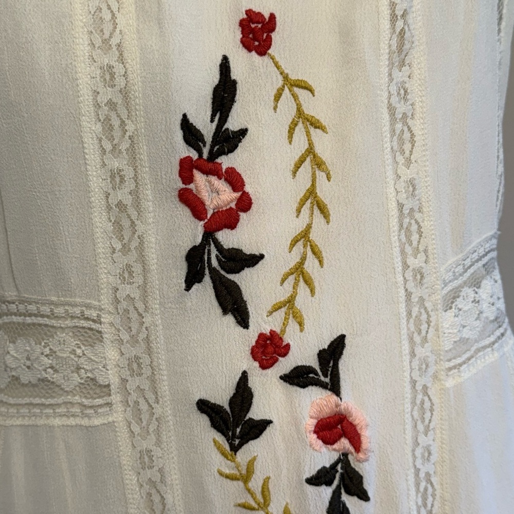 Nanette Lepore Embroidered Cream Boho Midi Dress Floral And Lace Accents Size 6 - Picture 12 of 16